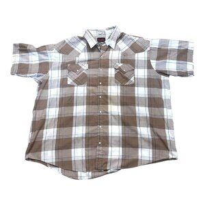Plains Western Wear Big Man Plaid Button-Up Shirt 3X Brown & White Short Sleeve